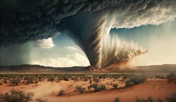 massiv tornado härjar öken- landskap. generativ ai foto