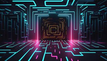 cyber krets trogen neon bakgrund, motiv labyrint techno tapet landskap ,generativ ai foto