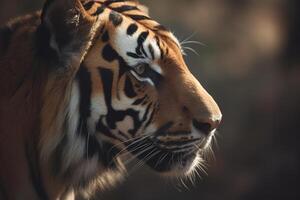 en stänga upp av en bengal tigers ansikte i en skog. ai genererad foto