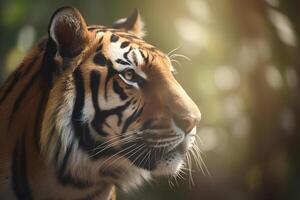 en stänga upp av en bengal tigers ansikte i en skog. ai genererad foto