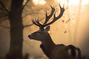 en majestätisk rådjur med horn stående stolt i de skog på gryning. ai genererad foto