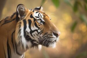 en stänga upp av en bengal tigers ansikte i en skog. ai genererad foto