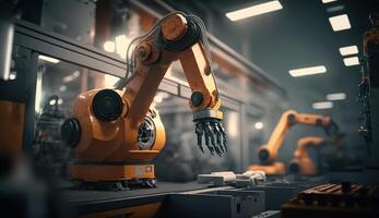 industriell svetsning robotar i produktion linje tillverkare fabrik, generativ ai foto