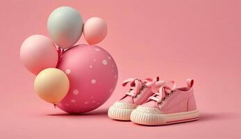 rosa bebis skor med färgrik ballong på rosa bakgrund med Plats för tex. minimal Hollyday begrepp, generativ ai foto