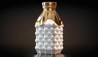 en pop- konst illustration av en mjölk flaska tillverkad av ruter och guld, futuristisk, generativ ai foto