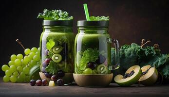 glas burk muggar med grön hälsa smoothie, grönkål löv, kalk, äpple, kiwi, vindruvor, banan, avokado, sallad , generativ ai foto