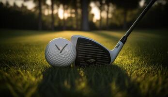 suddig golf klubb och golf boll stänga upp i gräs fält med solnedgång, generativ ai foto