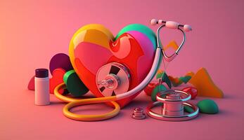 röd hjärta med färgrik stetoskop på de rosa bakgrund, 3d illustration isometrisk, generativ ai foto