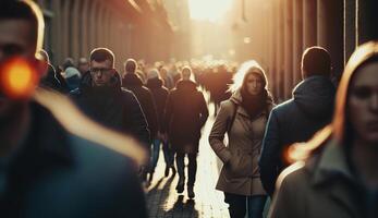 folkmassan av anonym människor gående på solnedgång i de stad gator, generativ ai foto