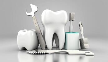 vit friska tand, annorlunda verktyg för dental vård med vit bakgrund, generativ ai foto