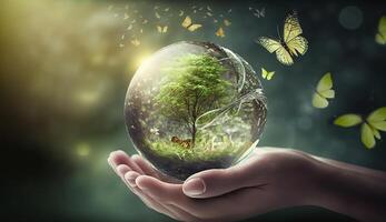 ekologi begrepp, jord kristall glas klot boll och växande träd i mänsklig hand, flygande gul fjäril på grön solig bakgrund. sparande miljö, spara rena planet, generativ ai foto