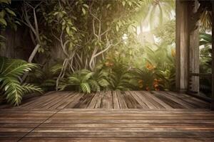 trä- golv med tropisk bakgrund. illustration ai generativ foto