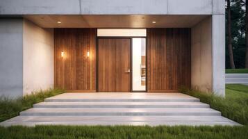 modern hus med trä- dörr. illustration ai generativ foto