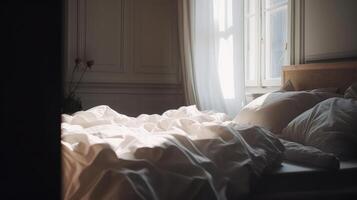 Hem morgon- sovrum. illustration ai generativ foto