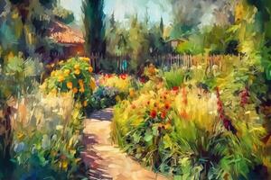 sommar trädgård i de stil av impressionism målning illustration ai generativ foto
