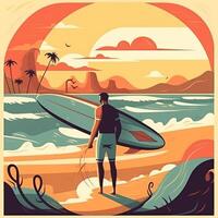 surfare på de strand illustration. illustration ai generativ foto