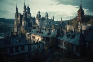 mystisk slott. ett imponerande medeltida slott uppsättning i fantasi landskap eller på en berg topp. generativ ai foto