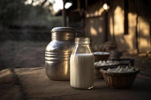 traditionell jordbruk livsstil med färsk mjölk i en glas flaska. Hem mjölk produktion. generativ ai foto