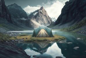 berg landskap med läger tält. generativ ai foto