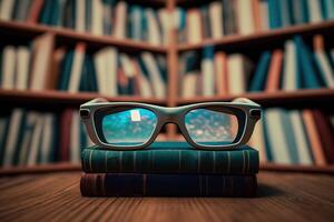 de glasögon är på en stack av böcker på en tabell i de bibliotek. läsning vetenskaplig eller konstnärlig böcker. ai genererad. foto