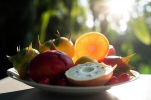 tallrik av exotisk tropisk frukt Inklusive litchi, pitaya, durian, ananas, mango, kokos, guajava, passionen frukt, passiflora, kiwano melon, manadrin, orange, citron, trä äpple. ai genererad. foto