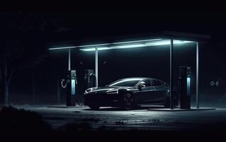 mörk palett inspirerande fordon laddning på elektrisk station, industriell design, silhuett belysning, realistisk. generativ ai foto
