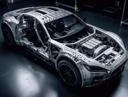 wetcore inspirerad bil med elektrisk laddare, modul- konstruktion, silver- och svart, rå och opolerad, hög-vinkel se. generativ ai foto