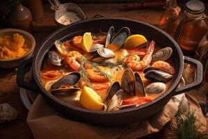 thai mat varm pott hav soppa med musslor och räkor generativ ai foto