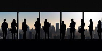 silhuetter av företag människor på de fönster av en flervånings- skyskrapa panorama generativ ai foto