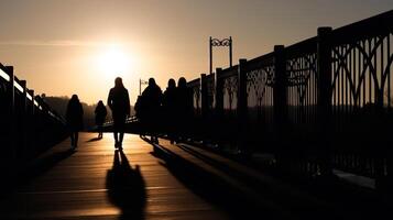 silhuetter människor gående på de bro på solnedgång bakgrund generativ ai foto