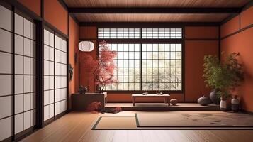 Hem interiör i japansk stil, vägg attrapp i levande rum bakgrund. generativ ai foto