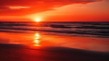 landskap orange kväll solnedgång himmel över de lugna spegel yta av de hav generativ ai foto