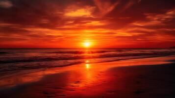 landskap orange kväll solnedgång himmel över de lugna spegel yta av de hav generativ ai foto