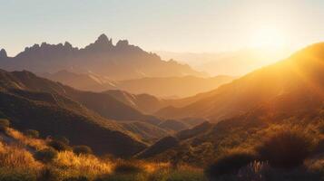 varm sommar ljus, stigande Sol i de morgon- bergen resa landskap generativ ai foto