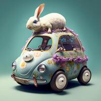 söt påsk kanin med solglasögon ser ut av en bil inlämnad med påsk ägg ai generativ foto