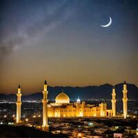 realistisk majestätisk moské midnatt med halvmåne måne och mjölkig sätt se illustration ai genererad foto