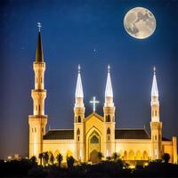 super realistisk katolik kyrka på natt med full måne illustration ai genererad foto