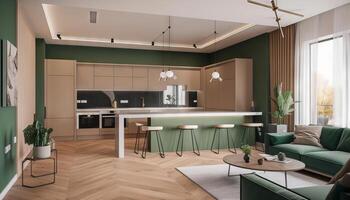 modern hus interiör av levande rum och en kök i beige och grön färger. generativ ai foto