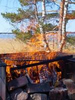 eld i en rostig vintage grill utomhus på stranden av havet foto