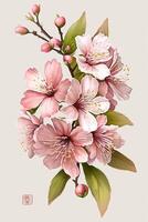 generativ ai illustration av realistisk sakura eller körsbär blomma, japansk vår blomma sakura, rosa körsbär blomma på vit bakgrund foto