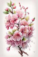 generativ ai illustration av realistisk sakura eller körsbär blomma, japansk vår blomma sakura, rosa körsbär blomma på vit bakgrund foto
