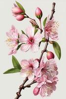 generativ ai illustration av realistisk sakura eller körsbär blomma, japansk vår blomma sakura, rosa körsbär blomma på vit bakgrund foto