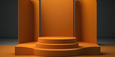 realistisk 3d orange tema podium för produkt visa. ai genererad foto