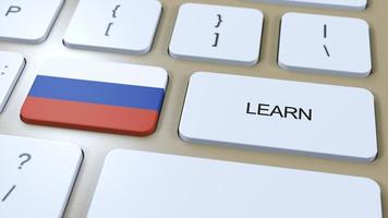 lära sig ryska språk begrepp. uppkopplad studie kurser. knapp med text på tangentbord. 3d illustration foto