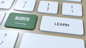 lära sig arab språk begrepp. uppkopplad studie kurser. knapp med text på tangentbord. 3d illustration foto