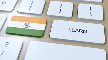 lära sig hindi språk begrepp. uppkopplad studie kurser. knapp med text på tangentbord. 3d illustration foto