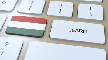 lära sig ungerska språk begrepp. uppkopplad studie kurser. knapp med text på tangentbord. 3d illustration foto
