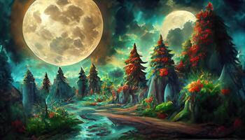 excellent ljus full måne över mörk fe- berättelse skog. generativ ai foto
