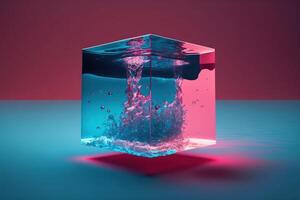 en kub med en blå och rosa bakgrund under de vatten. ånga Vinka bakgrund. ai genererad foto