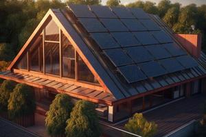 fotorealistisk sol- paneler installerad på de tak av en modern hus, betona de använda sig av av alternativ energi för en hållbar framtida. foto